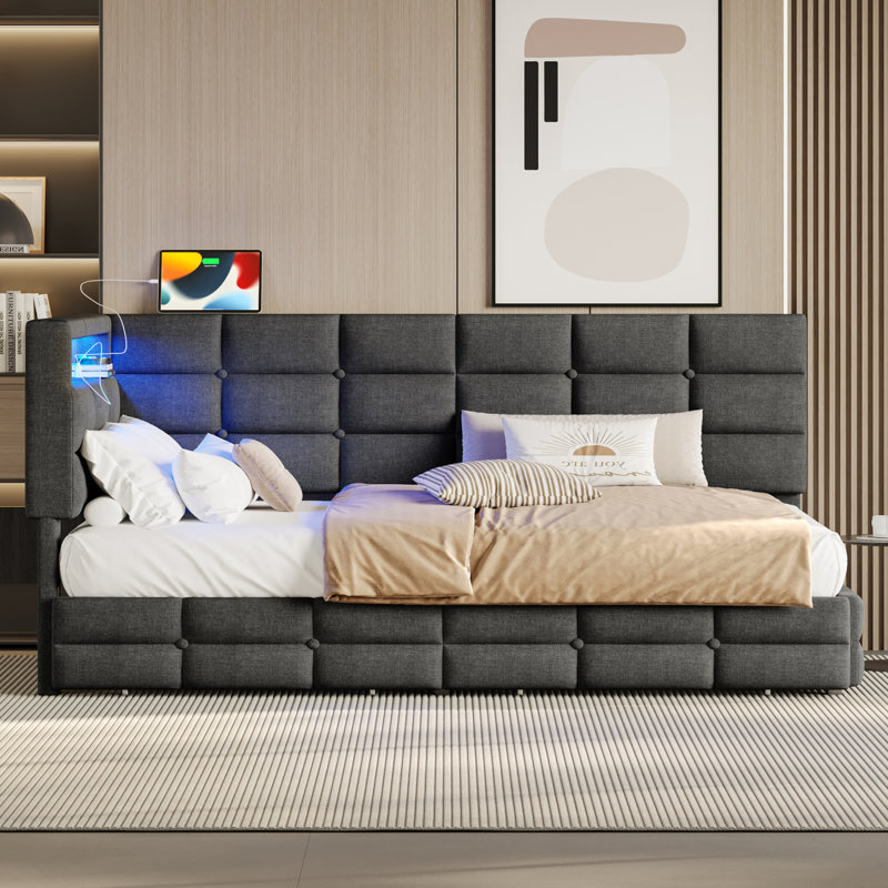 Upholstered Twin Size Daybed With Storage 2 Drawers And Charging Station, Day Bed Frame With LED Lights And Storage Headboard, No Box-Spring Needed