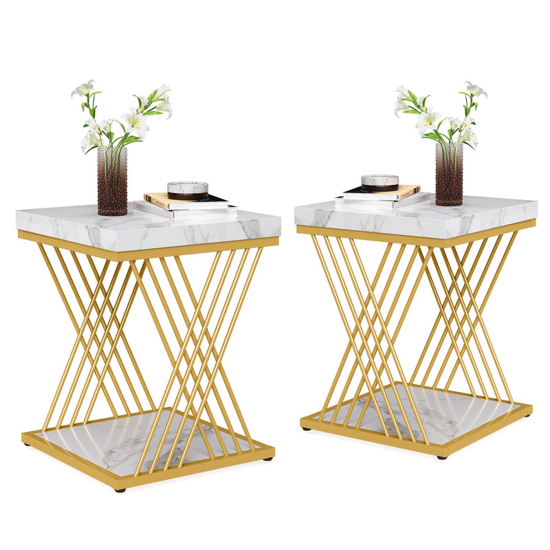 25.6'' Tall Square End Table Set, White Top/Gold Base