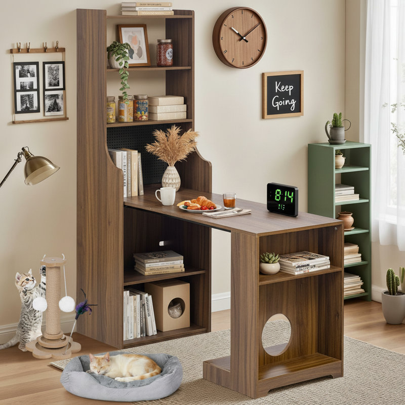 Bureau pliable avec huche et tablettes de rangement, poste de travail peu encombrant avec caractéristiques pour animaux de compagnie