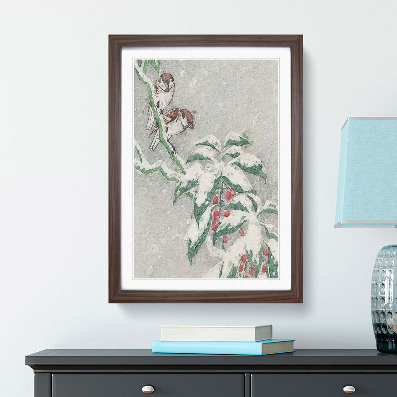 Sparrows on a Berry Bush by Ohara Koson - Picture Frame Painting Print, 48cm H x 36cm W x 2cm D, Walnut Framed