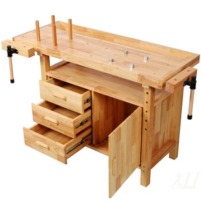50" Professional Rubberwood Solid Wood Workbench-3 Drawers, 1 Cabinet Door & Open Shelf, Natural Finish for Garage, Woodworking Carpenter Workshop & Home Use