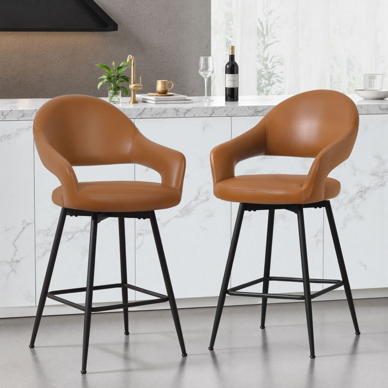 26" Faux Leather Counter Height Swivel Bar Stools, Brown, 2