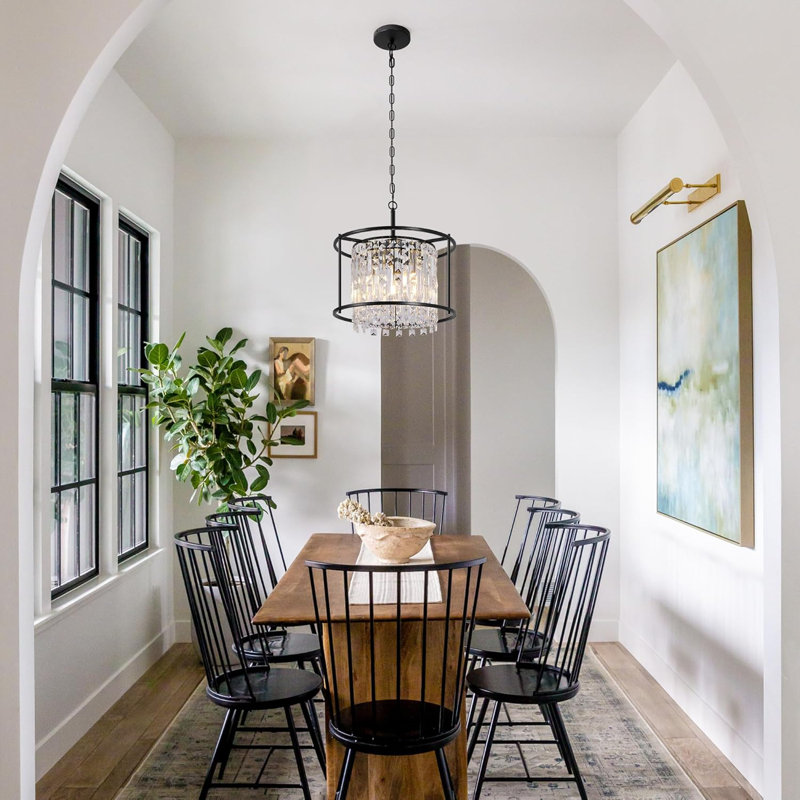 Lustre moderne en cristal noir avec hauteur réglable, luminaire suspendu tambour réglable pour salle à manger, îlot de cuisine, salon, entrée et couloir