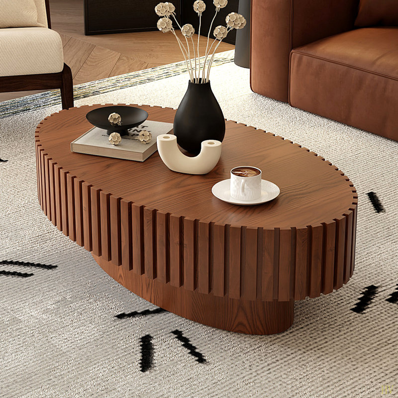 Oval Coffee Table Handcrafted Relief Sturdy Pedestal Wooden Olive-Shaped Tea Table For Living Room, Natural Wood