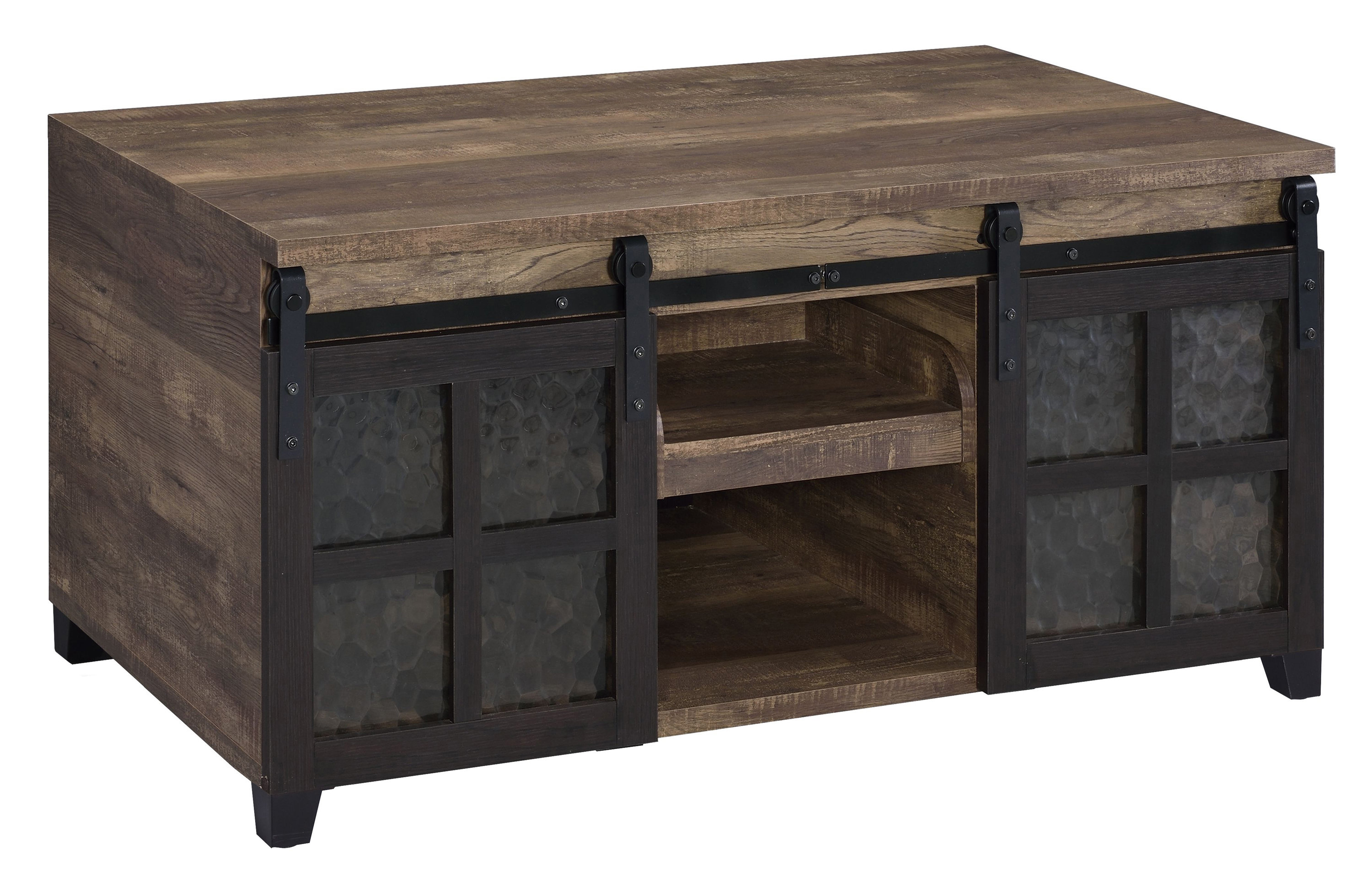Gracie Oaks Areti Rustic Oak and Black Coffee Table with Sliding Doors