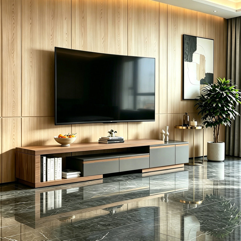 Meuble télé extensible avec plateau en placage de noyer et rangement dissimulé Eray