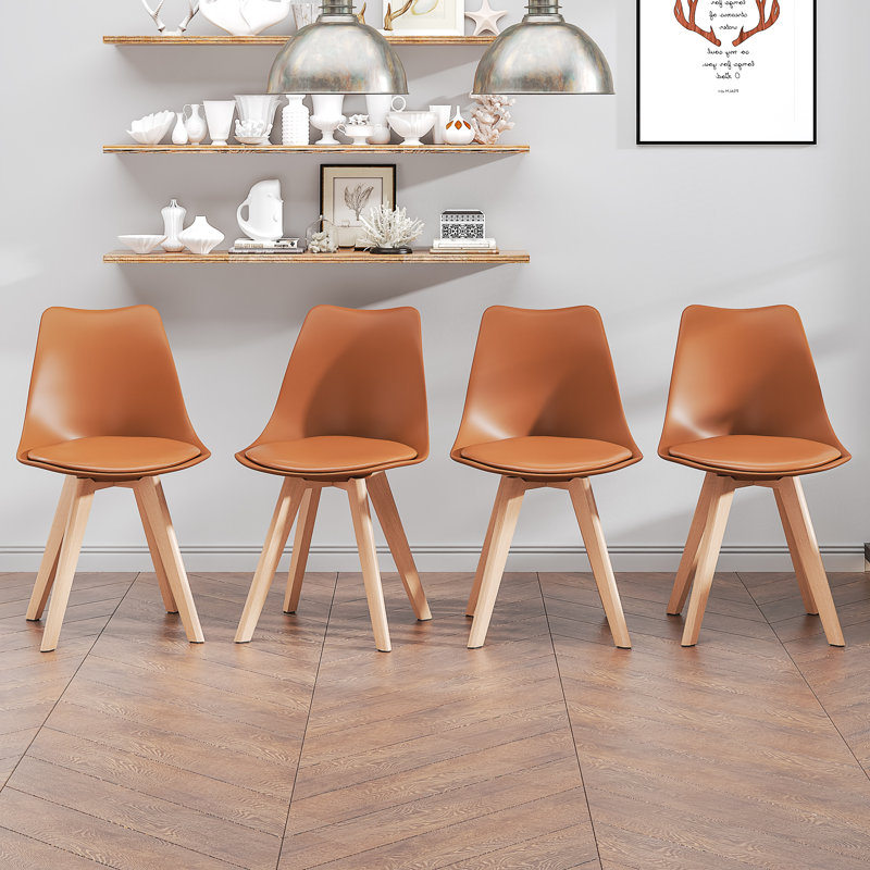 Dining Chairs Set Of 4, Mid-Century Modern Dining Chairs With PU Leather Seat Cushion, Ergonomic Molded Plastic Shell Chair With Solid Beech Wood Legs, Armless Kitchen Side Chairs For Dining Room, Living Room, Office