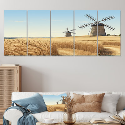 Vintage Wind Mills Meadow Horizon - Wind Turbines 5 Piece Wall Art Canvas