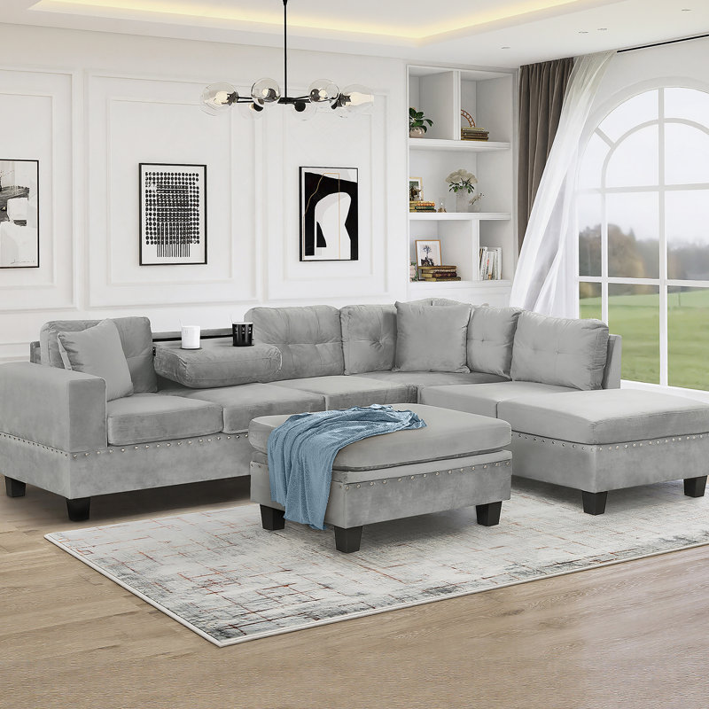 Canapé modulaire de 105 po avec repose-pieds avec rangement, canapé en L avec 2 coussins et porte-gobelets, canapé modulaire avec méridienne réversible pour le salon, gris