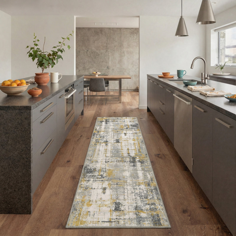 Modern Brush Strokes Machine Washable Gilded Slate Indoor Area Rug With Non-Slip Backing, Runner 2' x 6'