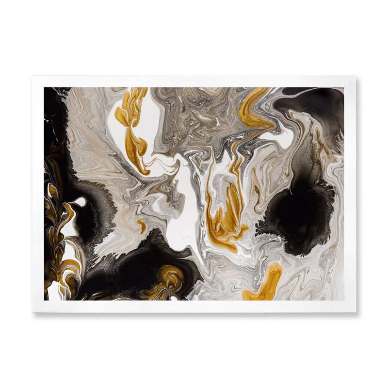 Or et vagues de marbre noir I - peinture sur toile, H 16 po x l 32 po, Impression encadrée, Blanc