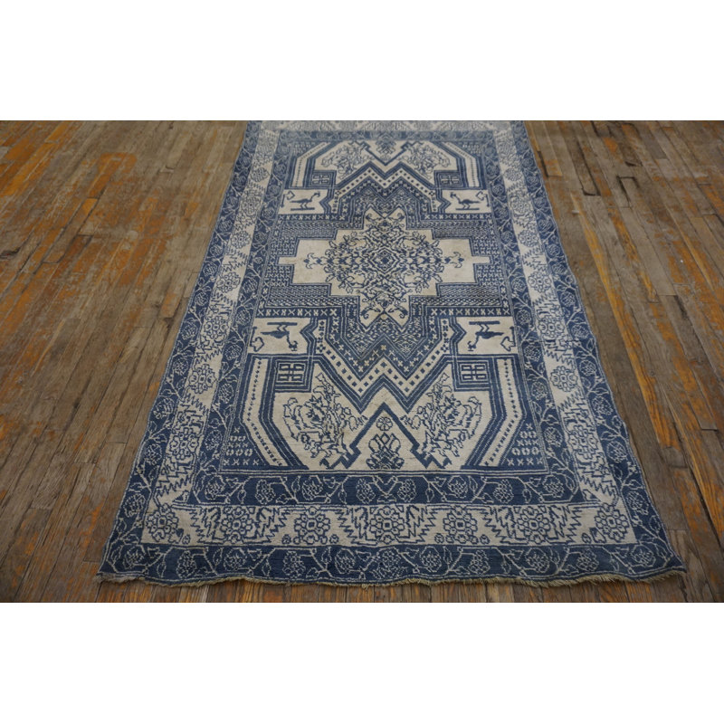 Geometric Animal Motif Antique Small Size Blue and White Indian Cotton Agra Rug