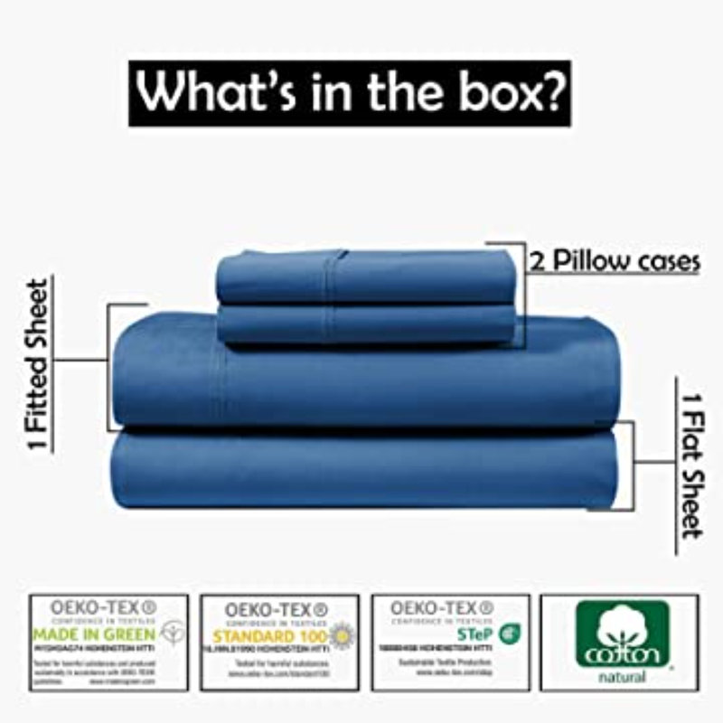 Ensemble de draps en 100 % percale de coton à densité de tissage de 300 fils, Bleu foncé, Drap-housse grand