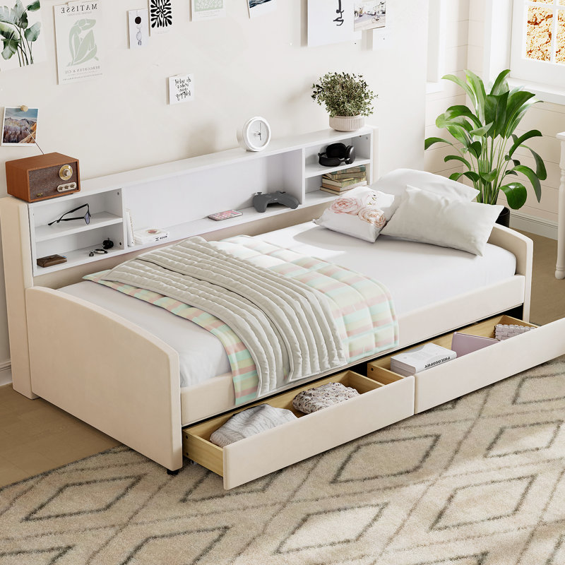 Upholstered Platform Bed With Drawers, Beige