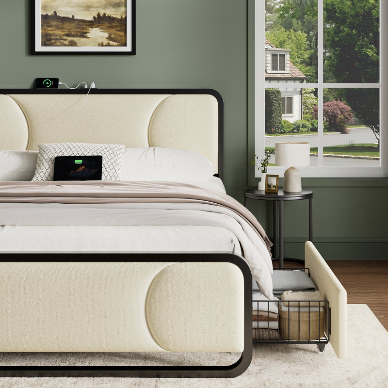 Upholstered Platform Bed with 2 Storage Drawers, Modern Bed Frame with Charging Station, Storage Bed with Velvet Tufted Headboard, No Spring Boxing Needed