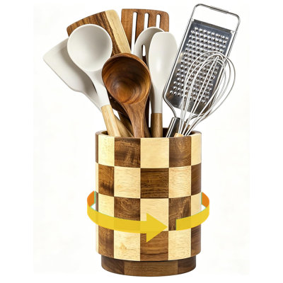 Porte-ustensiles de comptoir rotatif à 360 ° en bois, organisateur de cuisine à carreaux, porte-spatule en bois d'acacia de grande capacité, style maison de ferme à carreaux décoratifs (à carreaux)