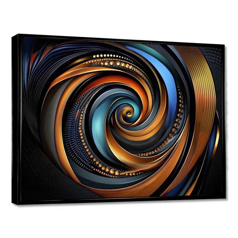 Golden Fractal Celestial Spiral Balance V - Abstract  Fractal Wall Art Print, Black, Floater Framed Print, 16" H x 32" W