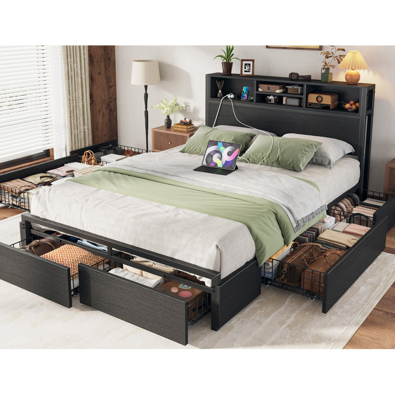 Weissmann Bed Frame with Bookcase Headboard, 6-Drawer Storage & Charging Station ,Full, Full, Black