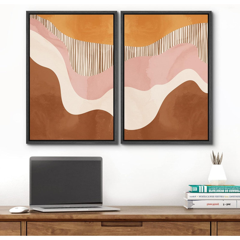 Mid-Century, Mid-Century, pastel, orange, rose, brun, champ, formes abstraites, chic moderne sur toile, Cadre flottant noir
