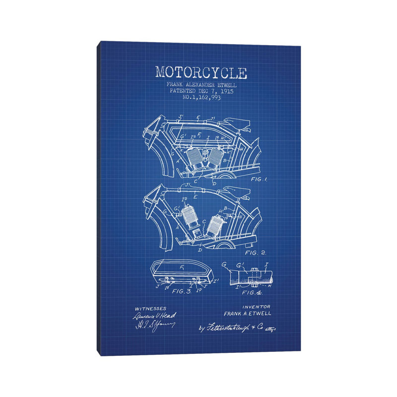 Frank A. Etwell Motorcycle Patent Sketch (Blue Grid) by Aged Pixel - Wrapped Canvas Gallery-Wrapped Canvas Giclée