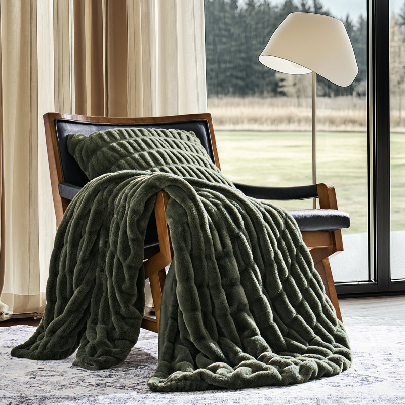 Ruched Bubble Faux Fur Throw Blanket, 50" W x 60" L, Loden Green