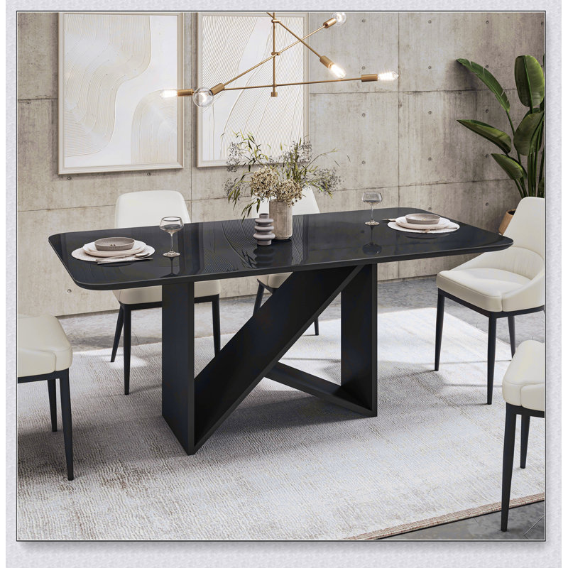 Table de salle à manger 6 places de style italien avec plateau en verre peint et base en bois élégante, Noir