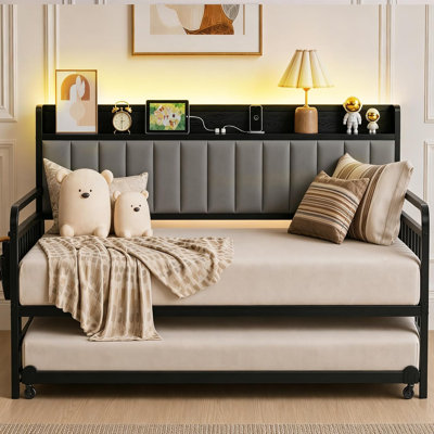 Twin Size Daybed with USB Headboard & Trundle, Black
