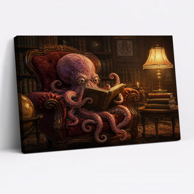 Impression sur toile mauve, pieuvre mauve, livre et fauteuil rouge