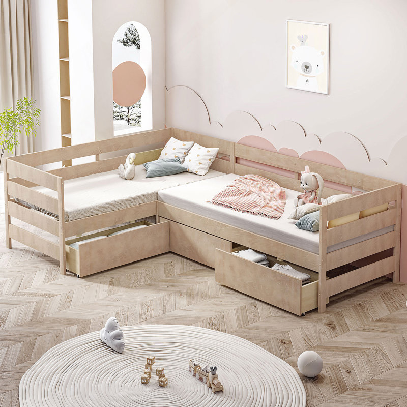 Lit plateforme simple en forme de L avec trois tiroirs de rangement, naturel