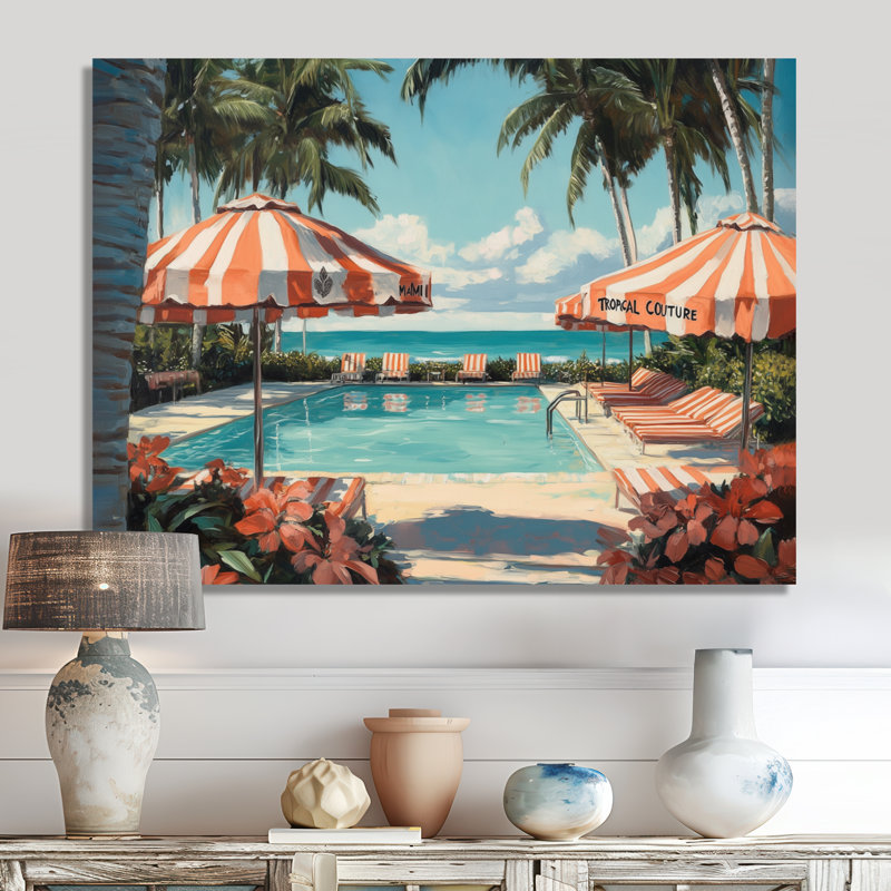 Palms de Miami Poolside - Impression sur toile tropicale turquoise, H 34 po x l 44 po, Toile tendue