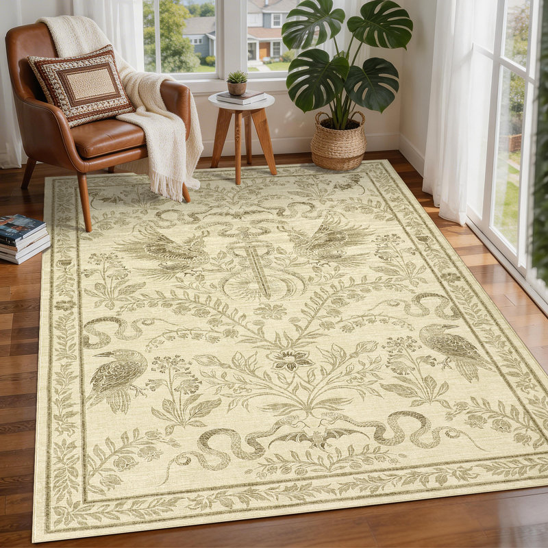 Floral Snake & Bird Print Machine Washable Area Rug with Non-Slip TPR Backing for Living Room Bedroom Dining, Soft Plush Foldable Carpet