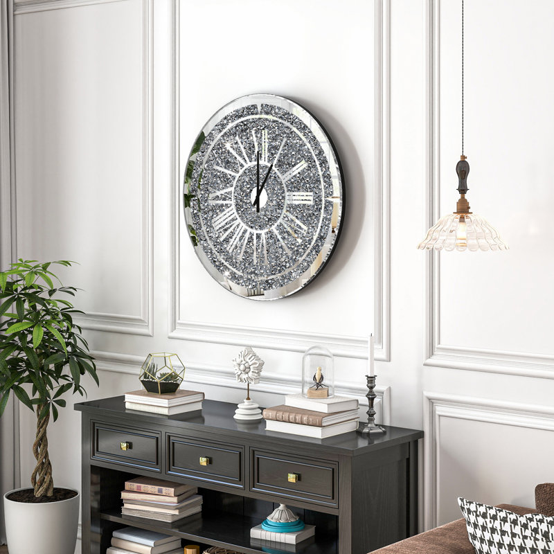 60x60cm Wall Clock Crushed Diamond Mirrored Round Accent Clock