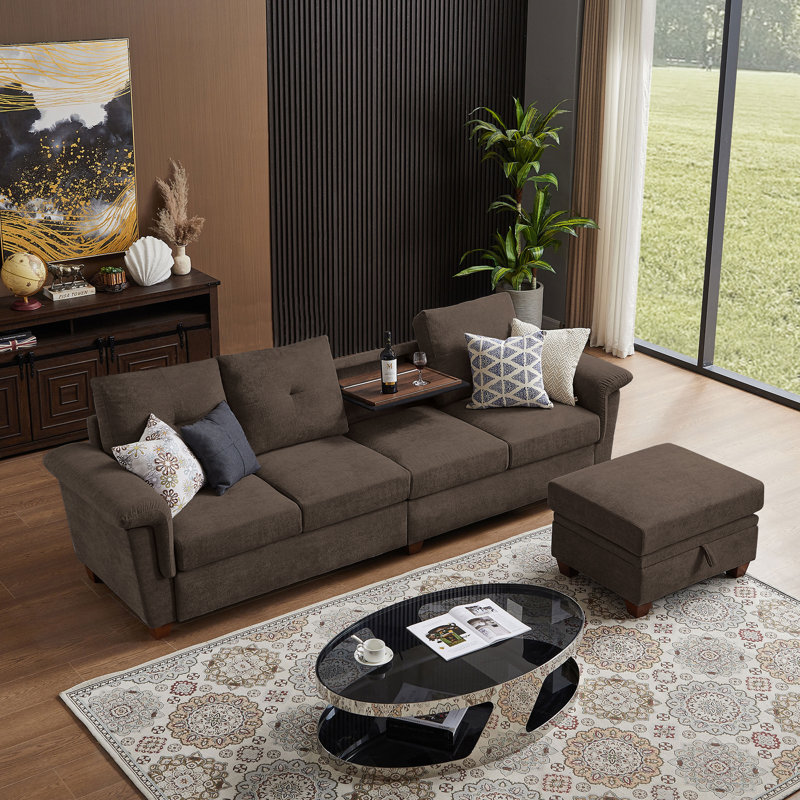 Canapé modulaire à 4 places 108,66 po avec table basse cachée et grand espace de rangement Lavaeh, Tissu café