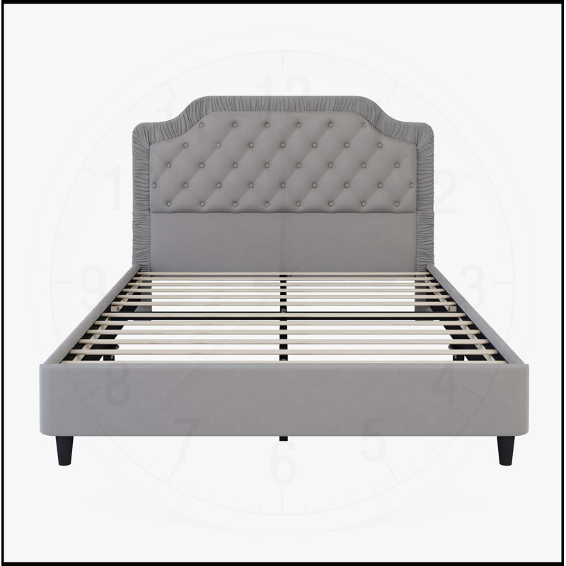 Lit rembourré en velours avec tête de lit capitonnée et capitonnée, aucun sommier nécessaire, Grand, gris
