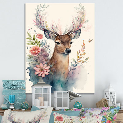 Mignon petit cerf avec fleurs roses - art mural encadré de cerf