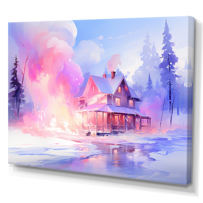 «Pink and Mauve Winter Cottage - Winter Landscape», art mural