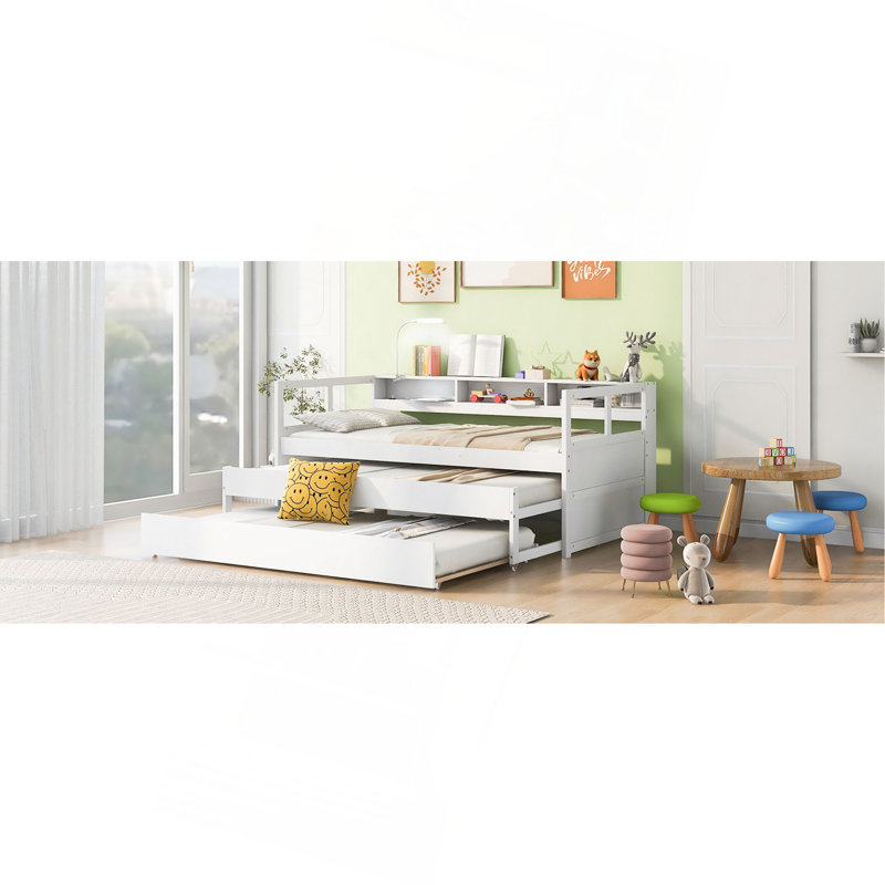 Twin XL Wood Daybed With 2 Trundles, 3 Storage Cubbies, 1 Light For Free And USB Charging Design, White