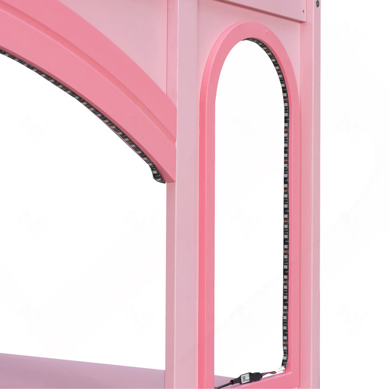 Lit mezzanine château en bois avec escalier de rangement, bureau intégré, fenêtres et lumière DEL, rose