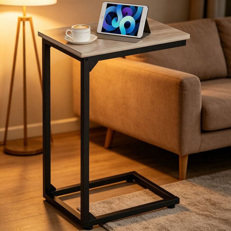 C-Shaped Side Table, Metal Frame Sofa End Table, Space-Saving Bedside Coffee Table for Living Room Bedroom, Gray UHET02CGY-1