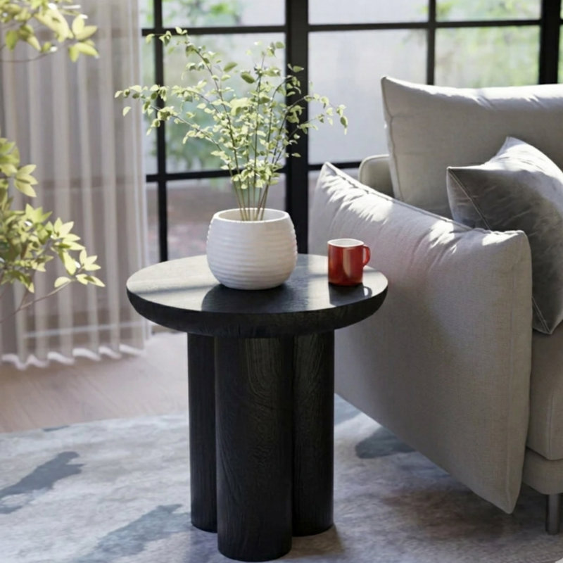 Table de bout ronde moderne en bois massif avec piédestal sculptural, finition noire, Noir