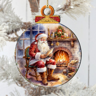 Santa at the fireplace Wooden Ornament