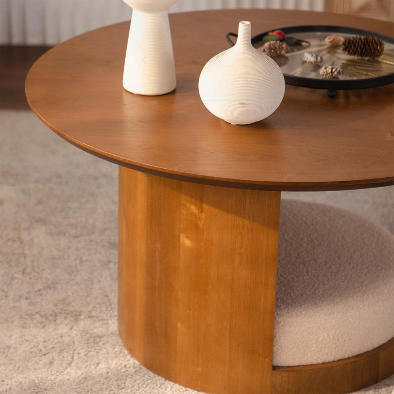 Round Wood Coffee Table with 3 Nesting Stools