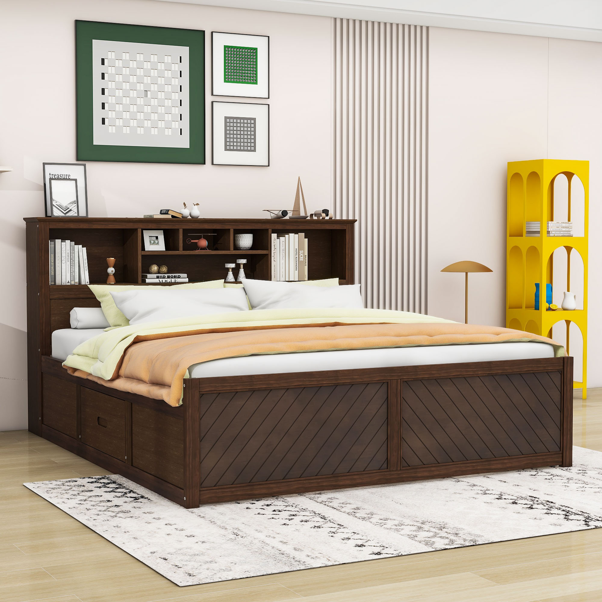 Lark Manor™ King Two Drawers Wood Platform Bed with Storage Shelves and