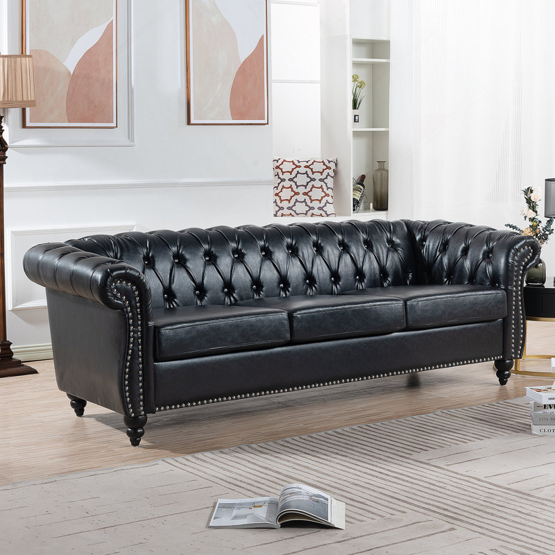 Canapé Chesterfield en polyuréthane à accoudoirs roulés., Noir