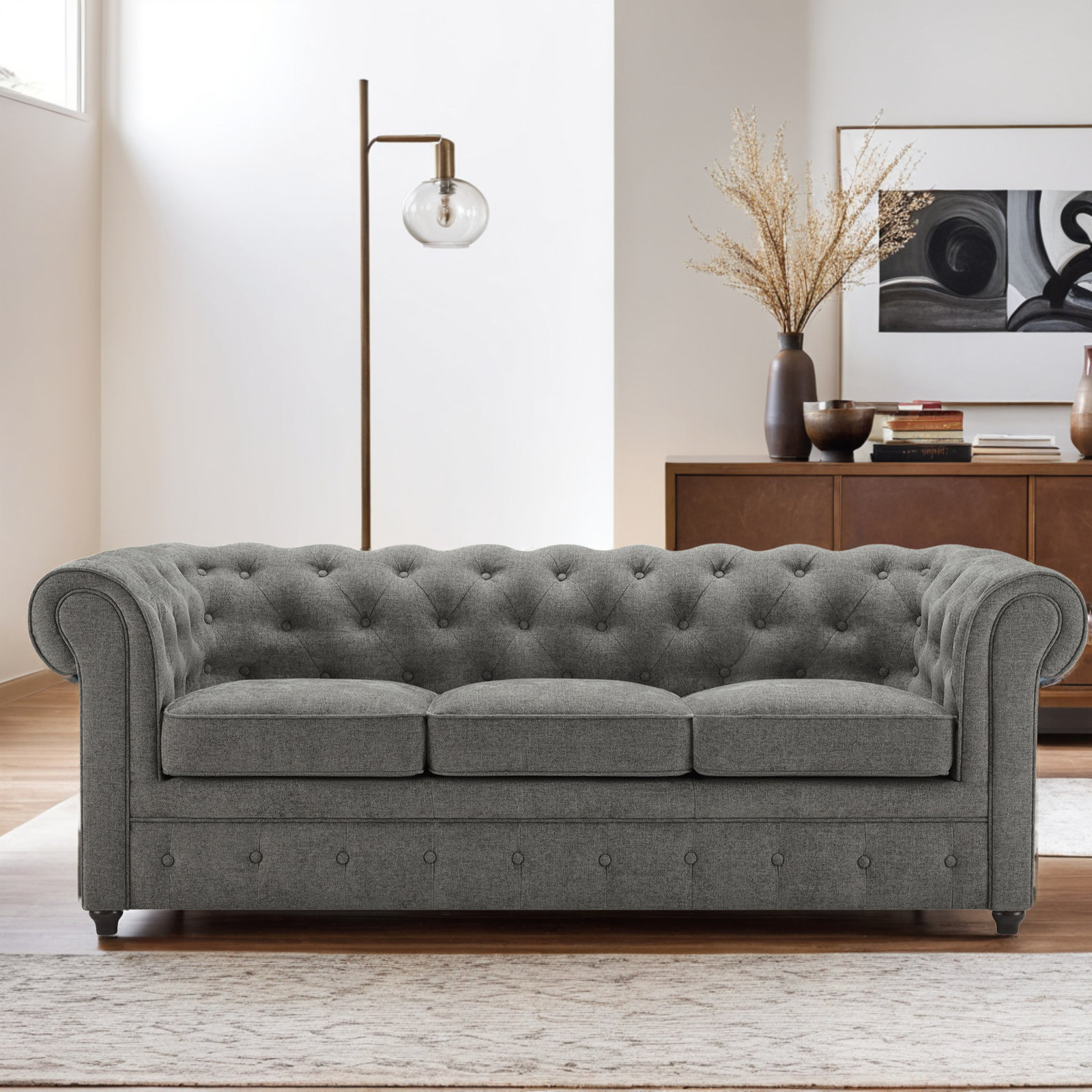 Caigan 79.13'' Chesterfield Tufted Sofa, Milo Fossil Performance Chenille