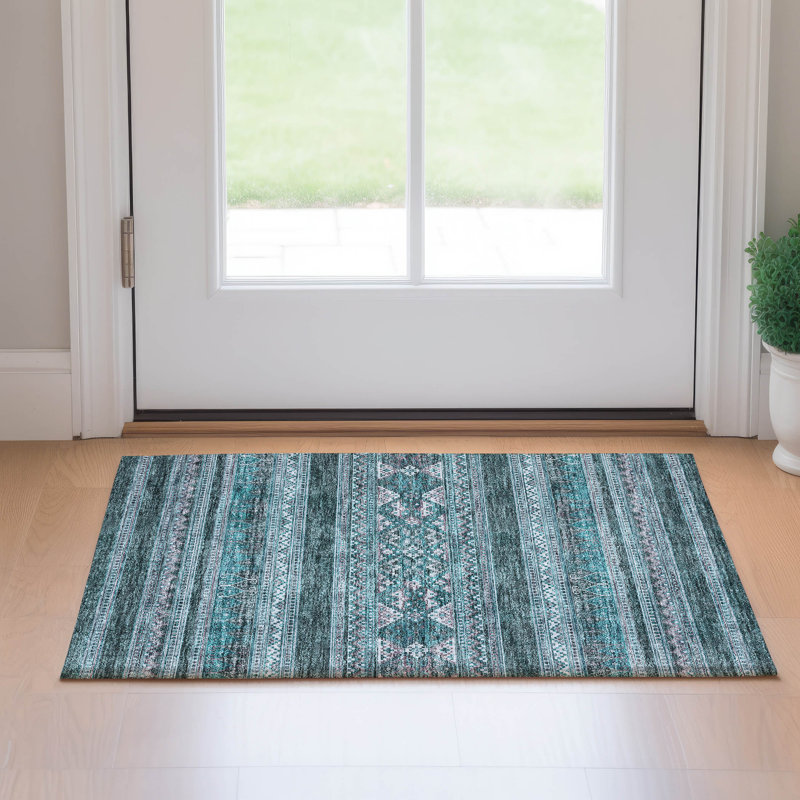 Premium Machine Washable Prisco Teal Rug, Rectangle 1'8" x 2'6"