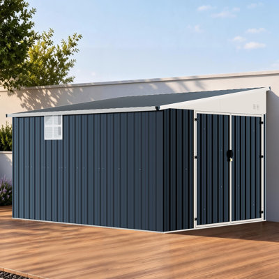 PLAUIN 10x8 FT Lean-to Storage Shed with Lockable Door, Reinforced Frame, Outdoor Metal Storage Shed with Sloped Roof, Ventilation Window, Folding Shelf, for Backyard, Patio, Lawn and Garage
