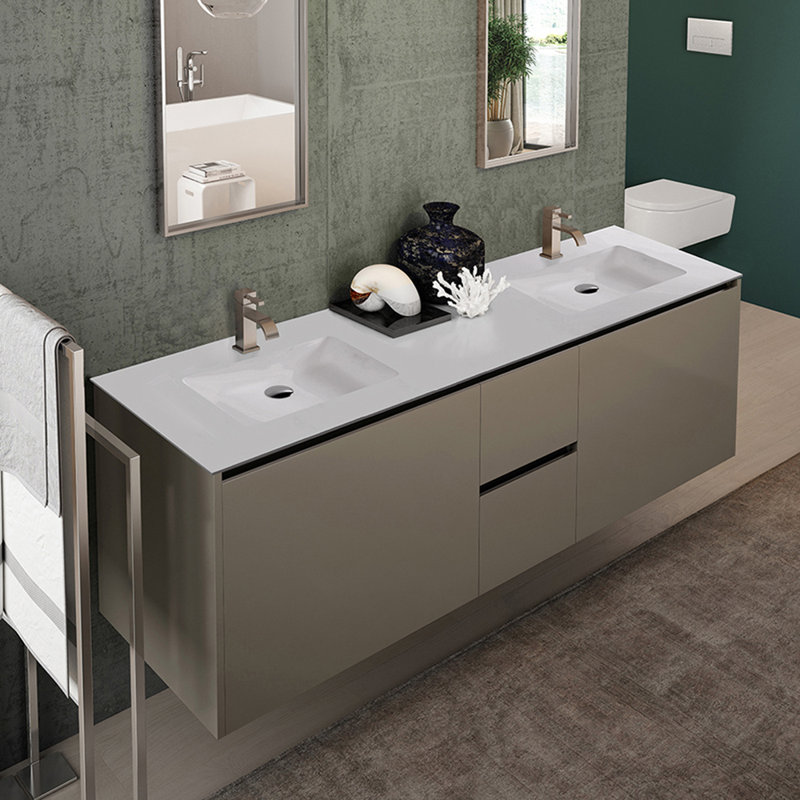 Kubitop 72'' L Bathroom Sink, Gloss White, Three Holes 8" Spread