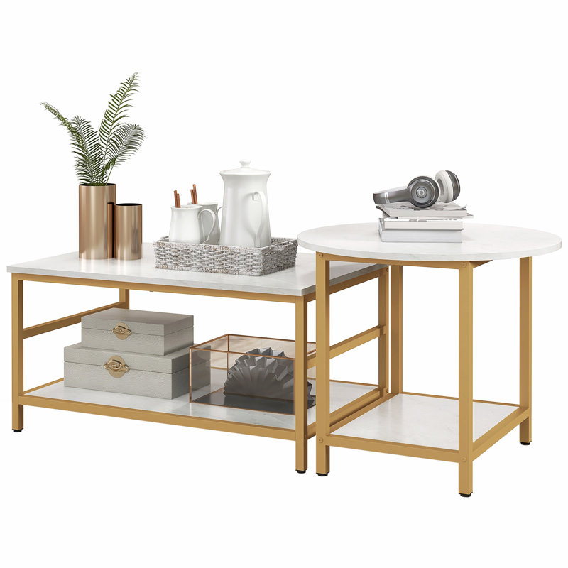 Table basse 2 pièces à 2 niveaux en acier avec plateau en faux marbre et tablettes de rangement, parfaite pour les intérieurs modernes et rustiques
