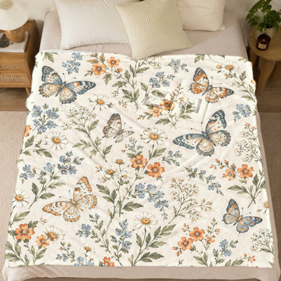 Couverture en peluche à imprimé floral et papillons (1 pièce) – Réversible ; légère et confortable ; lavable à la machine ; idéal pour canapé, lit ou fauteuil ; parfaite pour la décoration printanière et estivale ; une excellente idée de cadeau. Articles de literie et de sofa